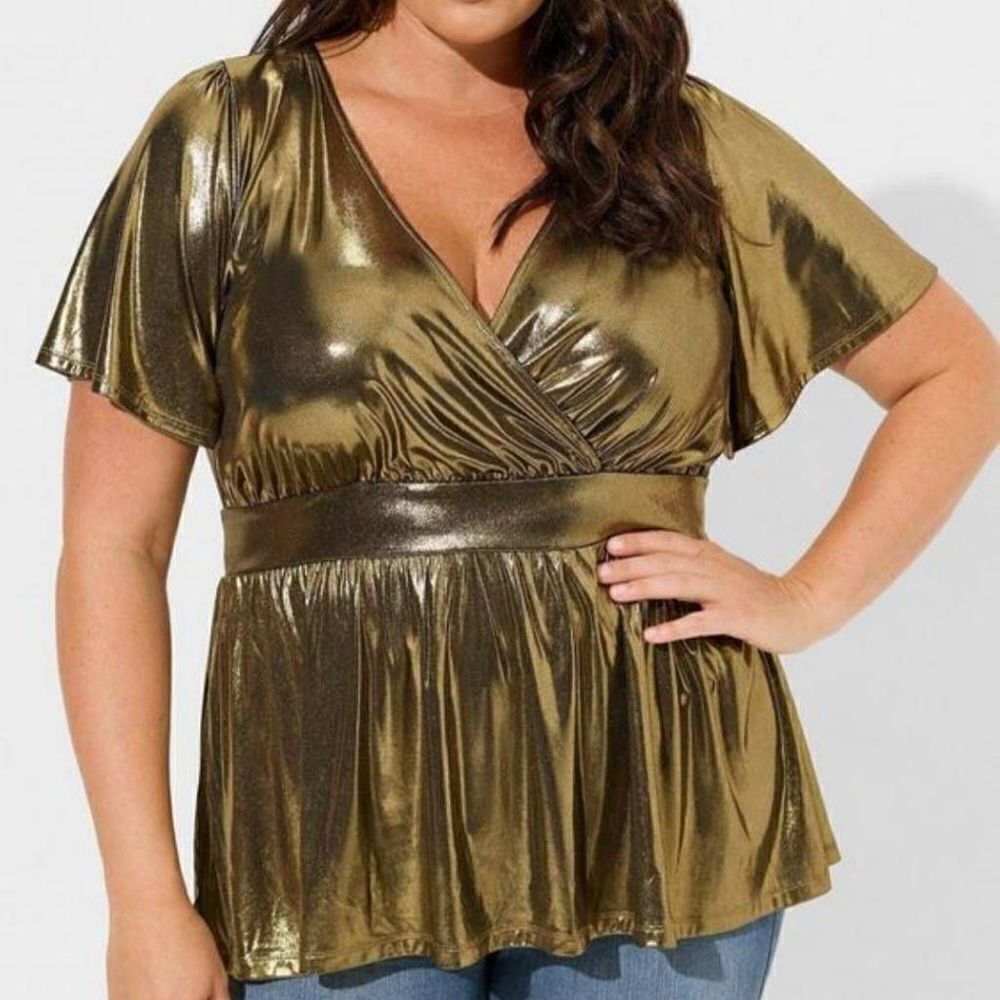 Torrid Women's Plus Size Gold Liquid Shine Surplice Peplum Top